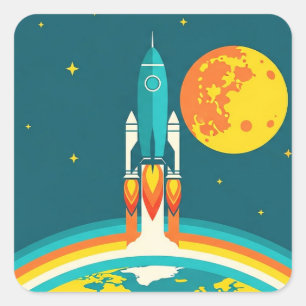 Cute Space Rocket Cartoon Square Sticker