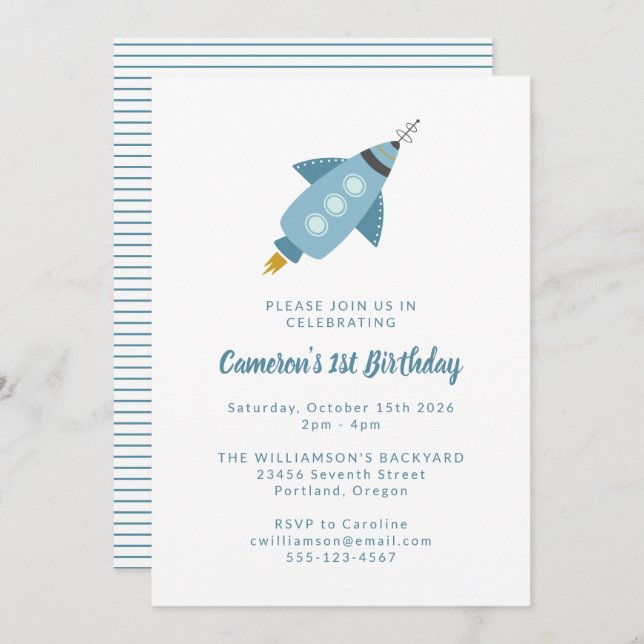 Cute Space Rocket Ship Blue 1st Birthday Party Invitation (Front/Back)