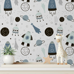 Cute Space Rockets Planets Stars Kids Room Wallpaper