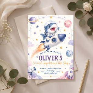 Cute Space Shark 2nd Birthday Invitation
