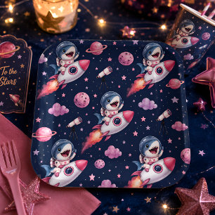 Cute Space Shark Rocket Paper Plate