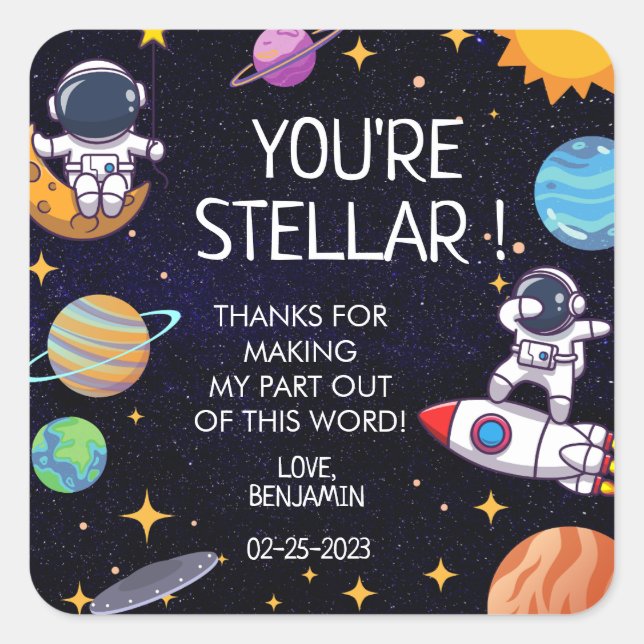 Cute Space Theme Any Age Birthday Square Sticker (Front)