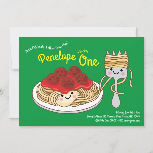 Cute Spaghetti Kids 1st Birthday Party Kawaii Invitation (Front)