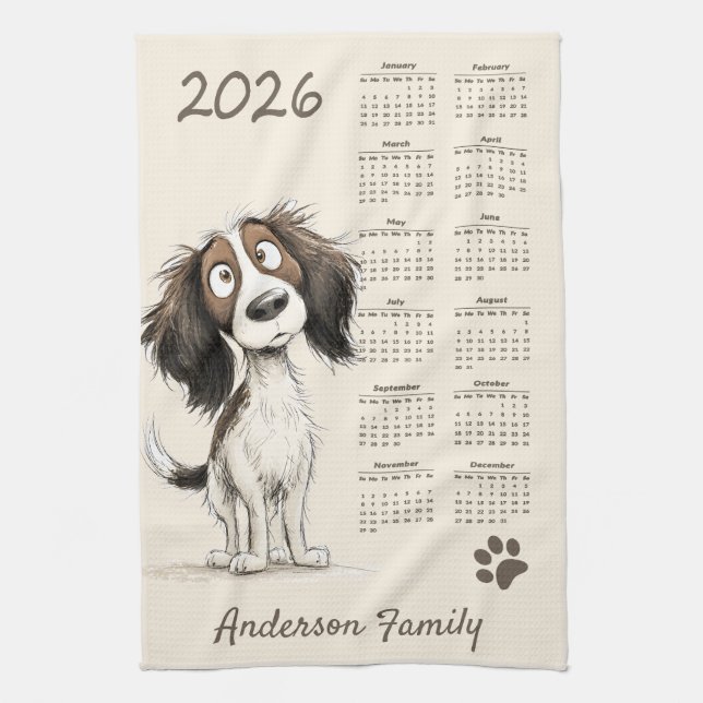 Cute Spaniel Dog 2026 Tea Towel Calendar (Vertical)