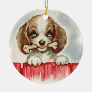 Cute Spaniel Puppy with Bone Ceramic Tree Decoration