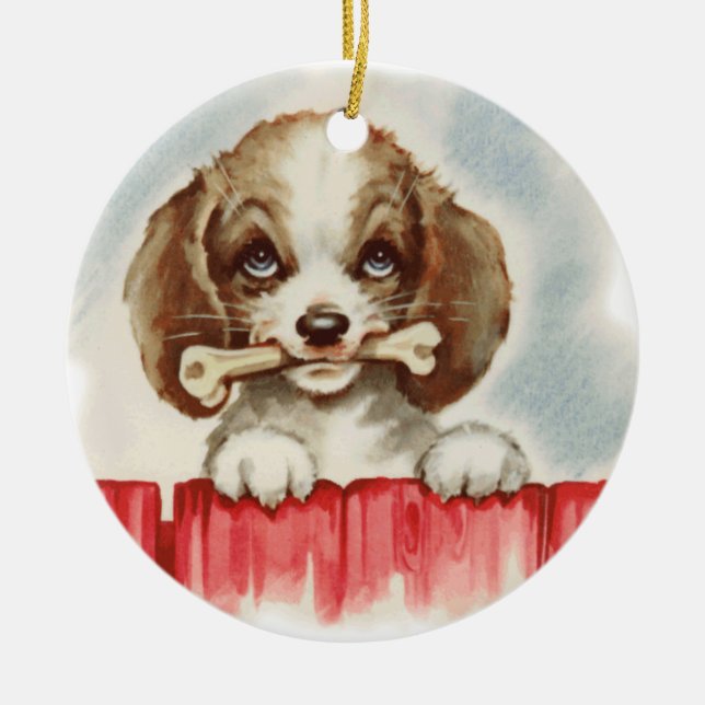 Cute Spaniel Puppy with Bone Ceramic Tree Decoration (Front)