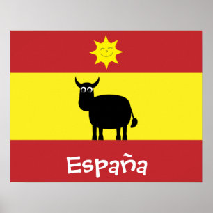 Cute Spanish Bull, Flag & Smiling Sun Poster