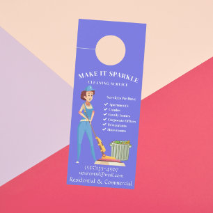 Cute Sparkle Cartoon Maid Blue Cleaning Services Door Hanger