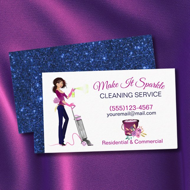 Cute Sparkle Cartoon Maid Cleaning Services Business Card (Creator Uploaded)