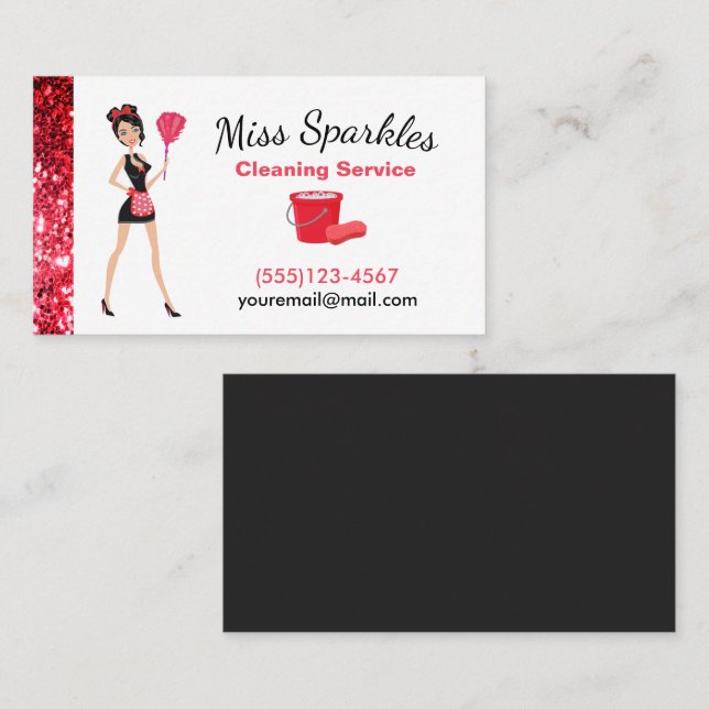 Cute Sparkle Cartoon Maid House Cleaning Service B Business Card (Front/Back)