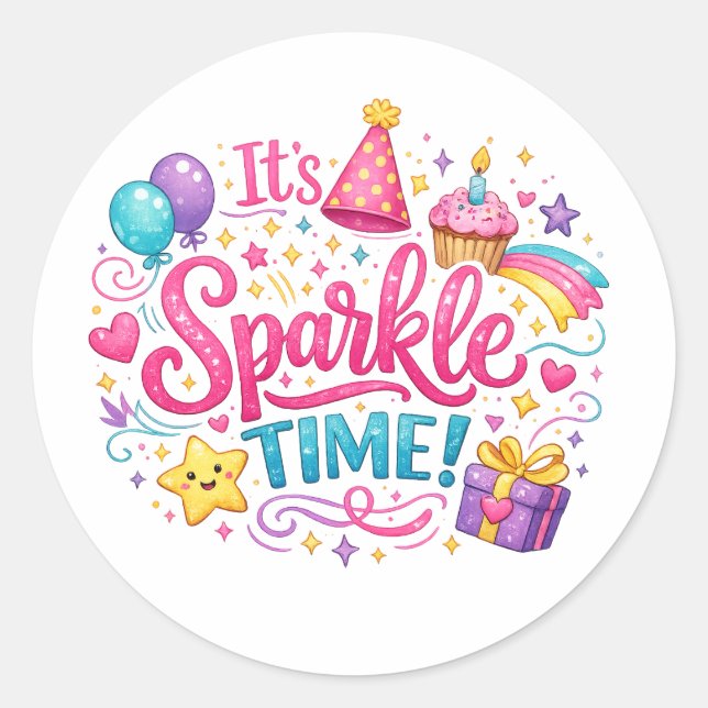 Cute Sparkle Time Girly Aesthetic Sticker Design (Front)