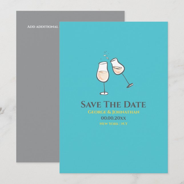 Cute sparkling wine glasses doodle pastel save the date (Front/Back)