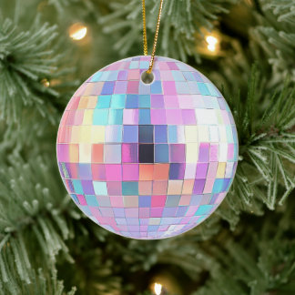 Cute Sparkly Pink & Rainbow Disco Ball Ceramic Tree Decoration