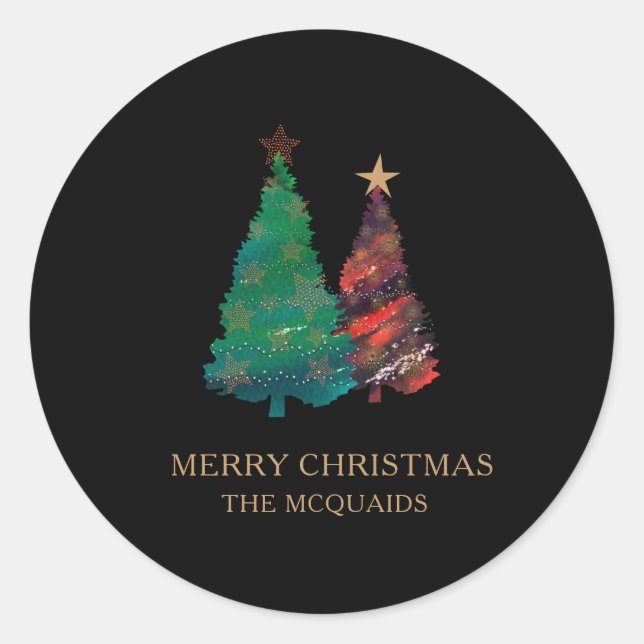 Cute Sparkly Watercolor Christmas Tree Classic Round Sticker (Front)