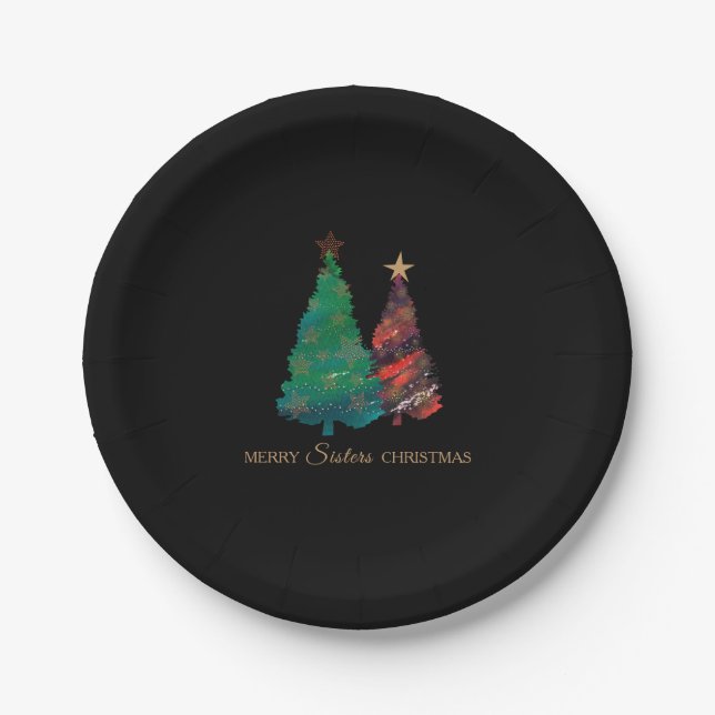 Cute Sparkly Watercolor Christmas Tree Paper Plate (Front)