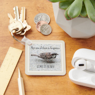 Cute Sparrow Bird Photo Bible Verse Simple Tan Key Ring