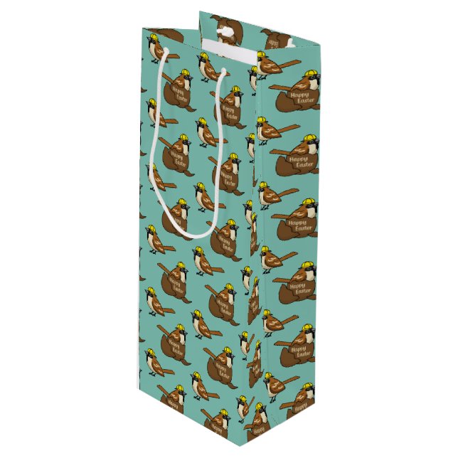 Cute Sparrow Chocolate Egg Happy Easter Pattern Wine Gift Bag (Front Angled)
