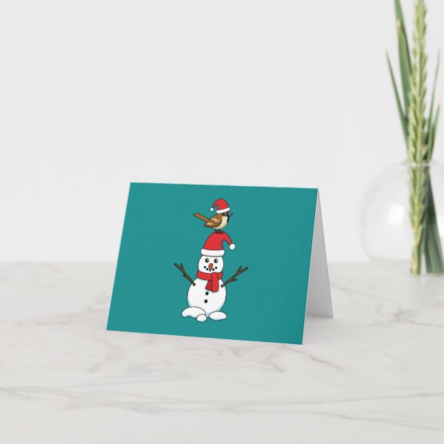 Cute Sparrow on Snowman Card (Front)