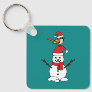 Cute Sparrow on Snowman Key Ring