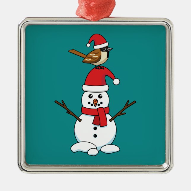 Cute Sparrow on Snowman Metal Tree Decoration (Front)