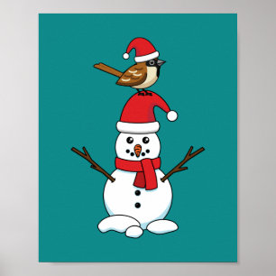 Cute Sparrow on Snowman Poster