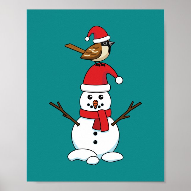 Cute Sparrow on Snowman Poster (Front)