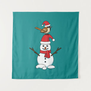 Cute Sparrow on Snowman Tapestry