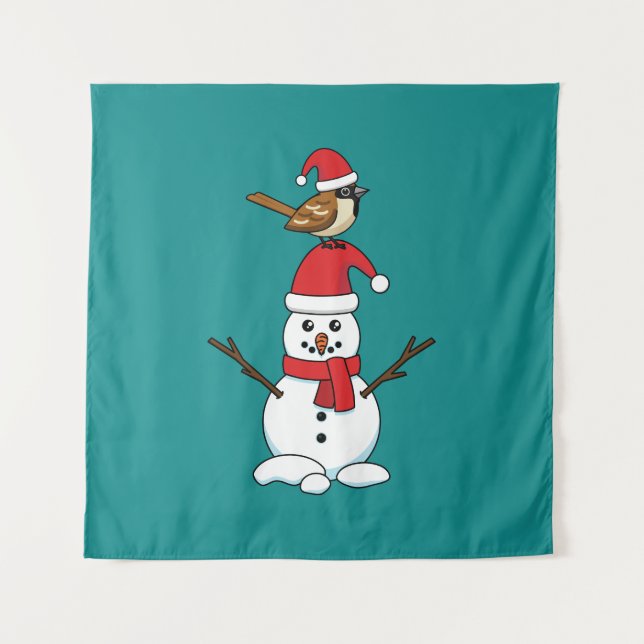 Cute Sparrow on Snowman Tapestry (Front)