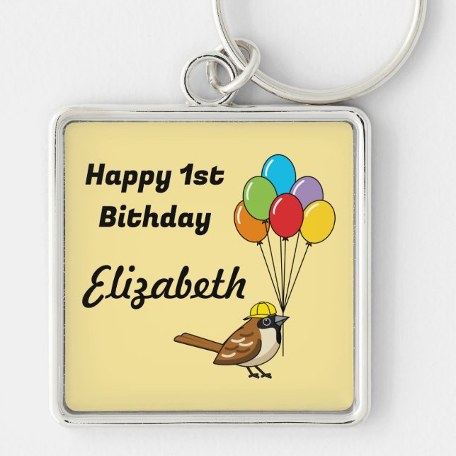 Cute Sparrow with Balloons Birthday | Personalise Key Ring (Front)