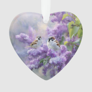 Cute Sparrows in Lilac Heart Acrylic Ornament – Fl