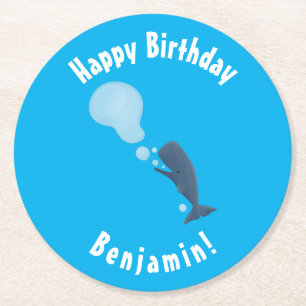 Cute sperm whale blowing bubbles cartoon round paper coaster