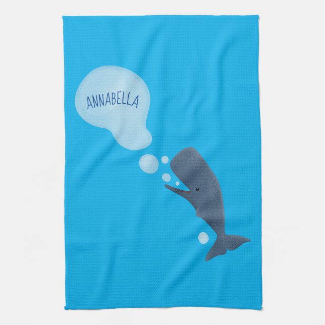 Cute sperm whale blowing bubbles cartoon tea towel (Vertical)