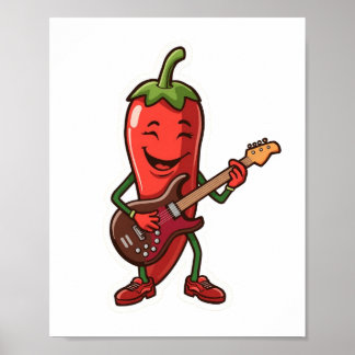 Cute Spicy Chilli Pepper Playing Electric Guitar Poster
