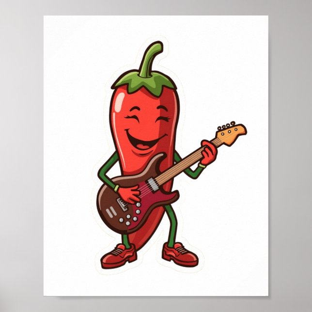 Cute Spicy Chilli Pepper Playing Electric Guitar  Poster (Front)