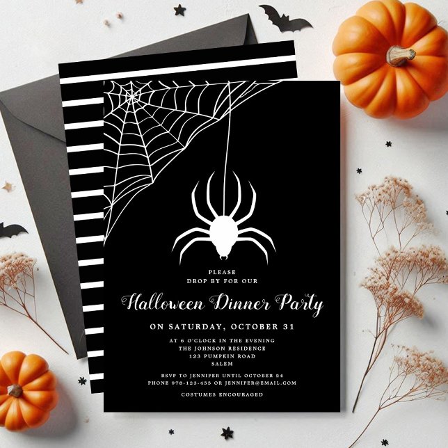 Cute Spider Black & White Halloween Dinner Party  Invitation (Cute Spider Black & White Halloween Dinner Party Invitation)