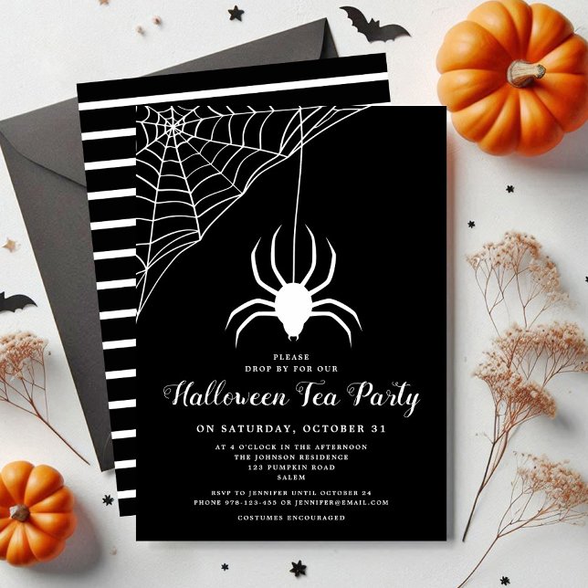 Cute Spider Black & White Halloween Tea Party Invitation (Cute Spider Black & White Halloween Tea Party Invitation)