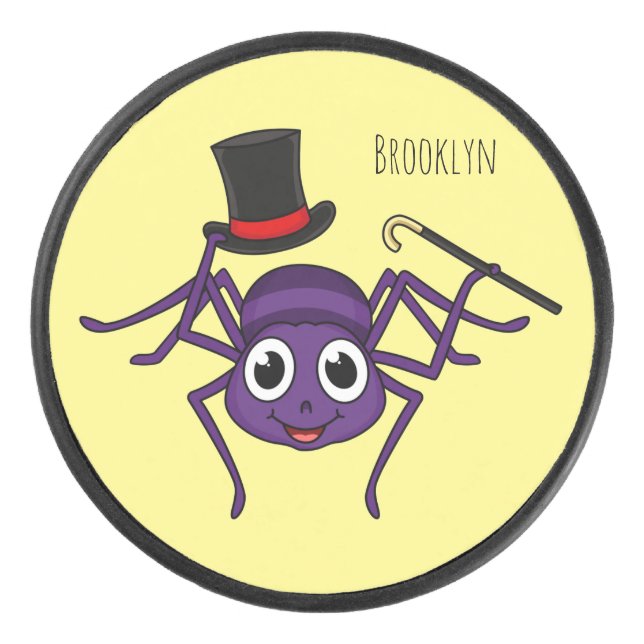 Cute spider in top hat cartoon hockey puck (Front)