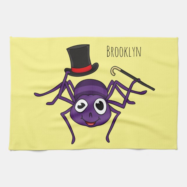 Cute spider in top hat cartoon tea towel (Horizontal)