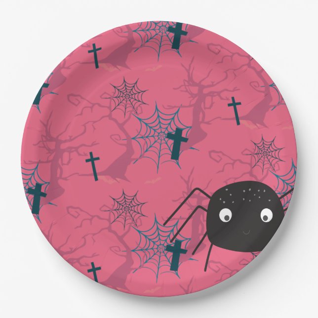 Cute spider & raspberry pink spider web patterned paper plate (Front)