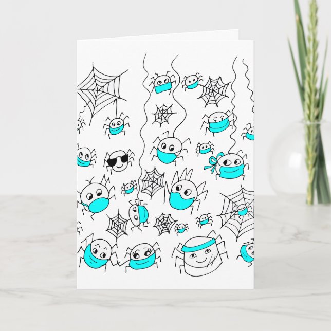Cute Spiders in Face Masks Funny Cartoon Card (Front)