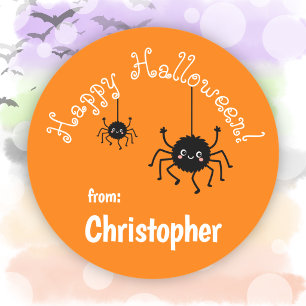 Cute Spiders Party Favour Orange Happy Halloween Classic Round Sticker
