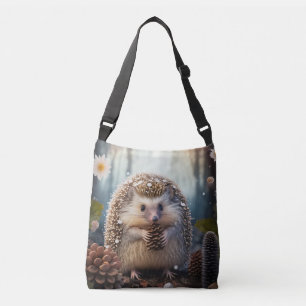 cute spiny hedgehog in the forest with cones crossbody bag