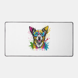 Cute Splashed Colourful Dog Wearing Sunglasses For Desk Mat