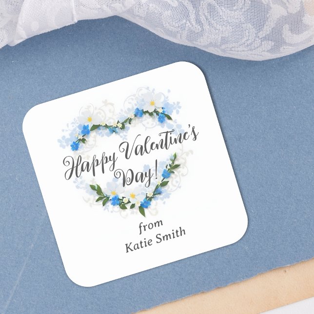Cute Splendid Blue Shades Floral Valentine's Day  Square Sticker (Cute Splendid Blue Shades Floral Valentine's Day Wreath Square Sticker.)