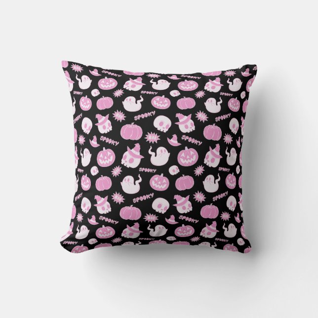 Cute Spooky Black and Pink Halloween Pattern Cushion (Front)