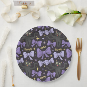 Cute Spooky Black Cat & Bow Seamless Halloween Paper Plate