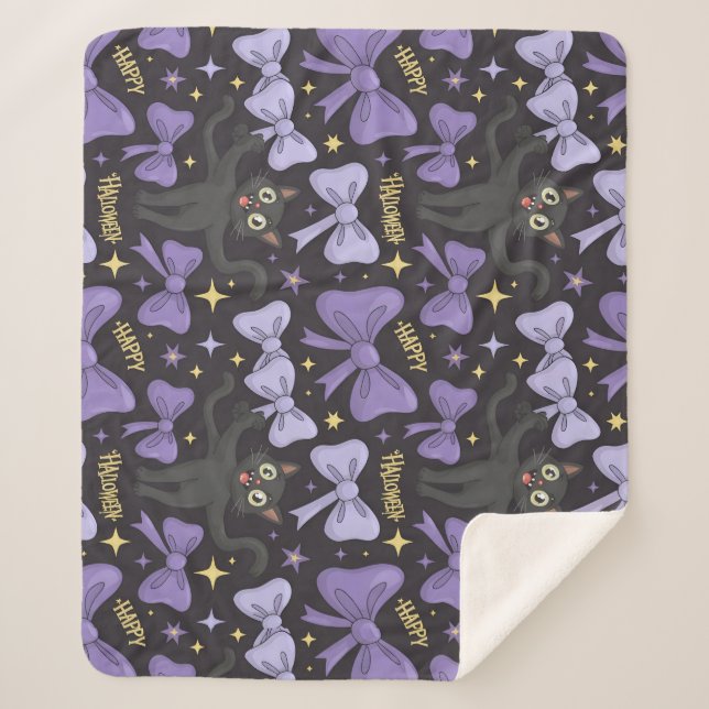 Cute Spooky Black Cat & Bow Seamless Halloween Sherpa Blanket (Front)