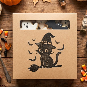Cute Spooky Black Cat Witch Broomstick  Rubber Stamp