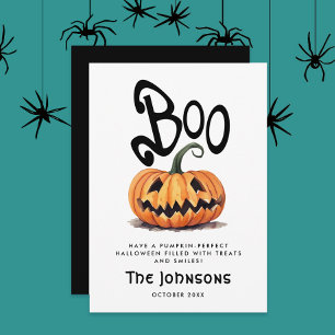 Cute Spooky Boo Halloween Orange Carved Pumpkin Holiday Card