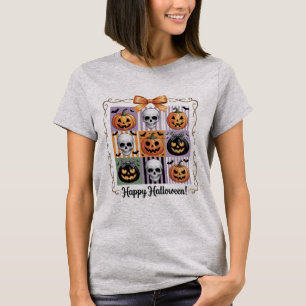 Cute Spooky Coquette Halloween Pumpkin and Skull T-Shirt